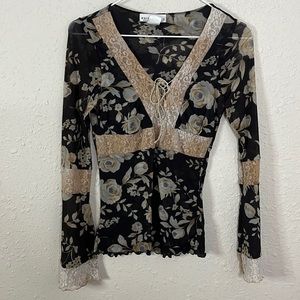 WHBM Floral Long Sleeve Lacey Blouse Size Medium
